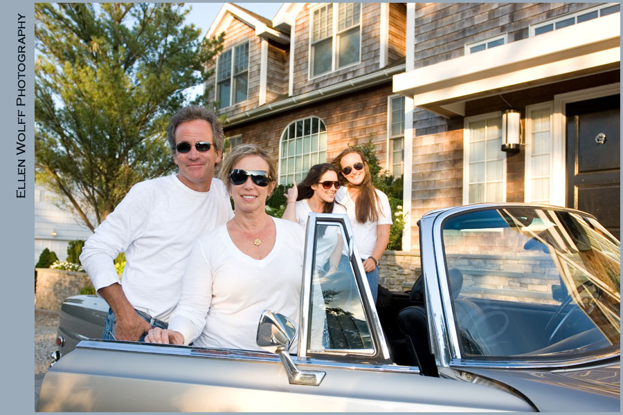 posed bat mitzvah family photos with a vintage mercedes benz on long island